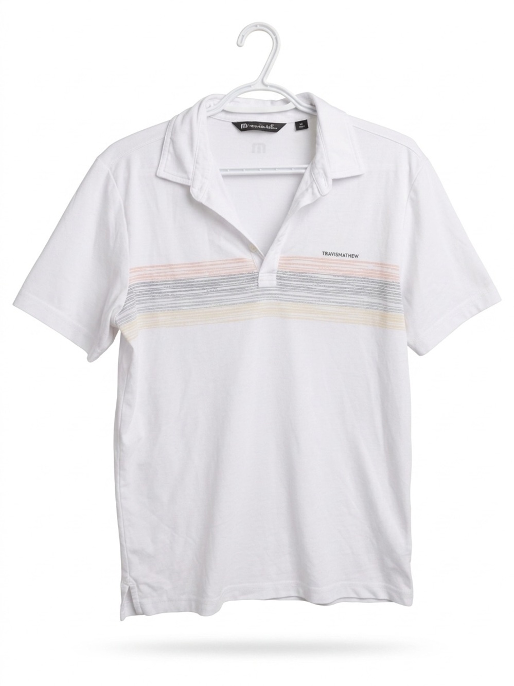 Travis Mathew White Polo with Subtle Pastel Stripes